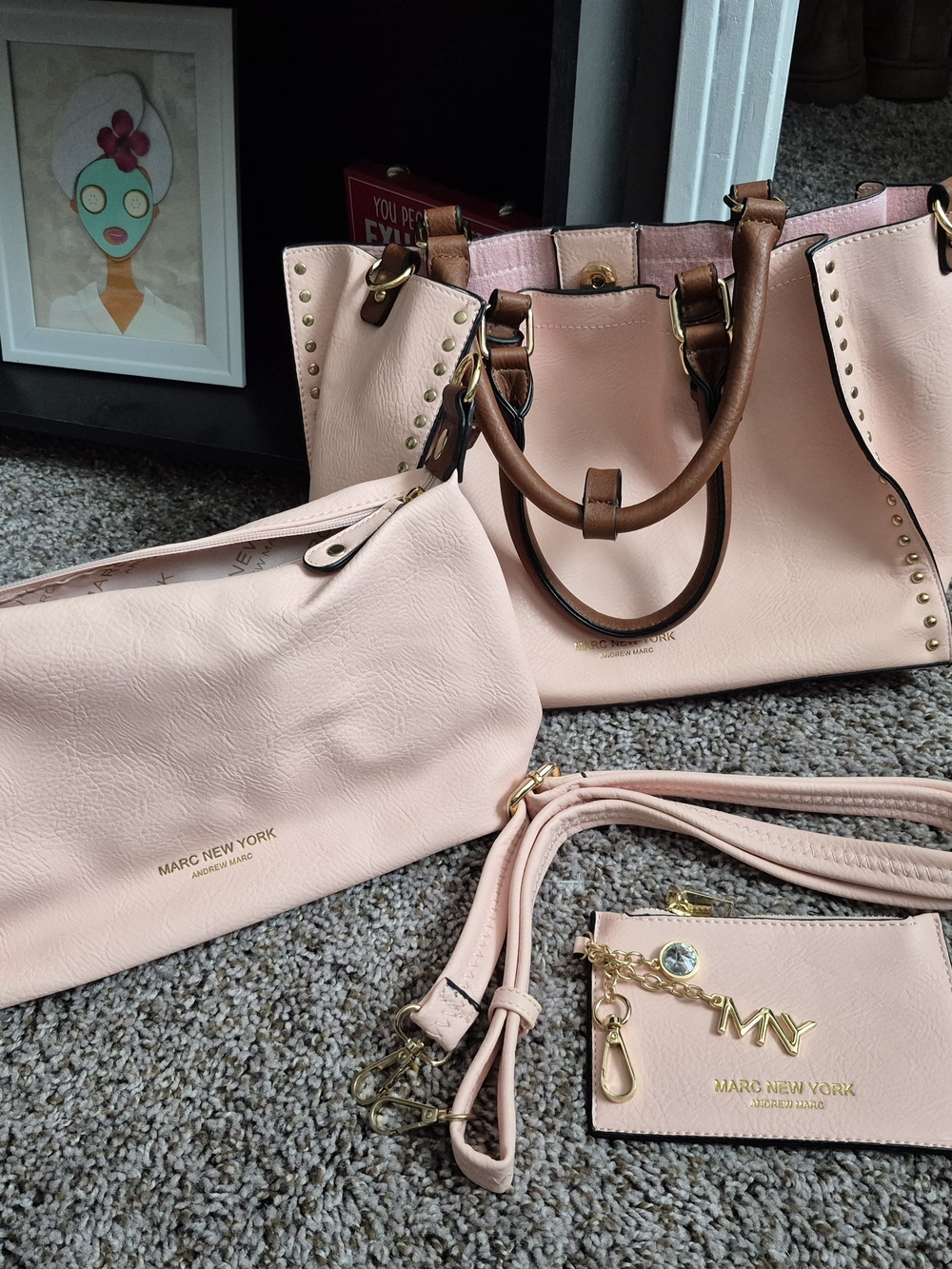 Marc New York Blush Pink Tote Set with Brown Handles and Gold Hardware